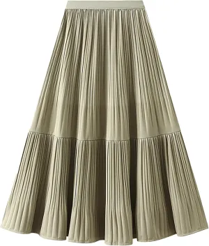 BAIMORE Women's Chic Solid Elastic Waist Pleated Skirt A Line Swing Midi Skirt