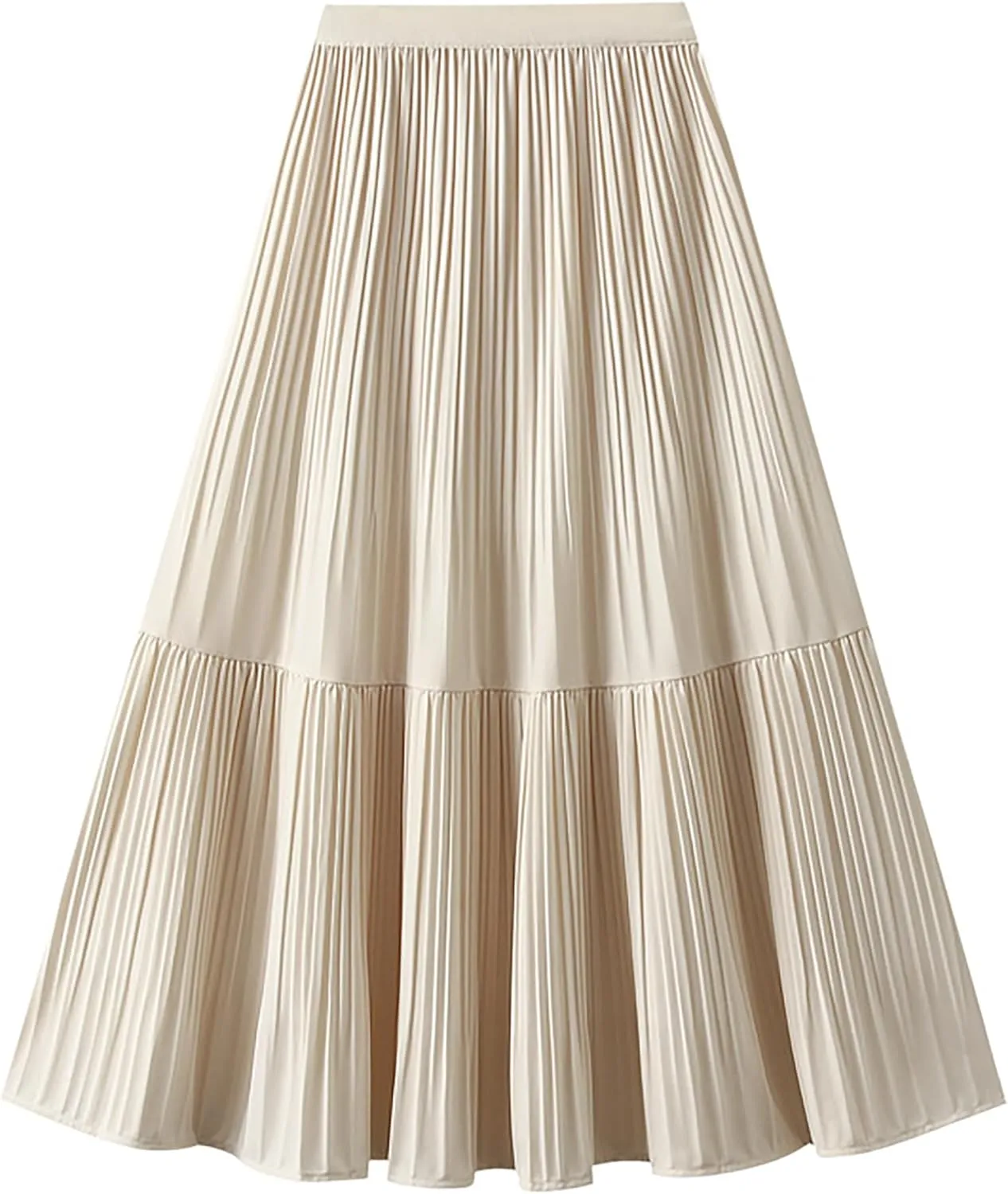 BAIMORE Women's Chic Solid Elastic Waist Pleated Skirt A Line Swing Midi Skirt