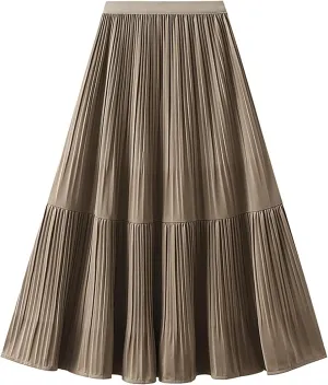 BAIMORE Women's Chic Solid Elastic Waist Pleated Skirt A Line Swing Midi Skirt