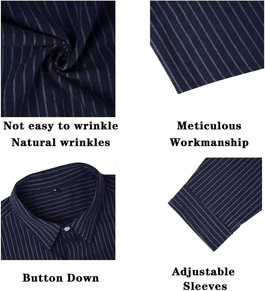 BAYAMO Men's Casual Button-Down Striped Shirts Long Sleeve Cotton Linen Shirts for Men Fashion Business Shirt