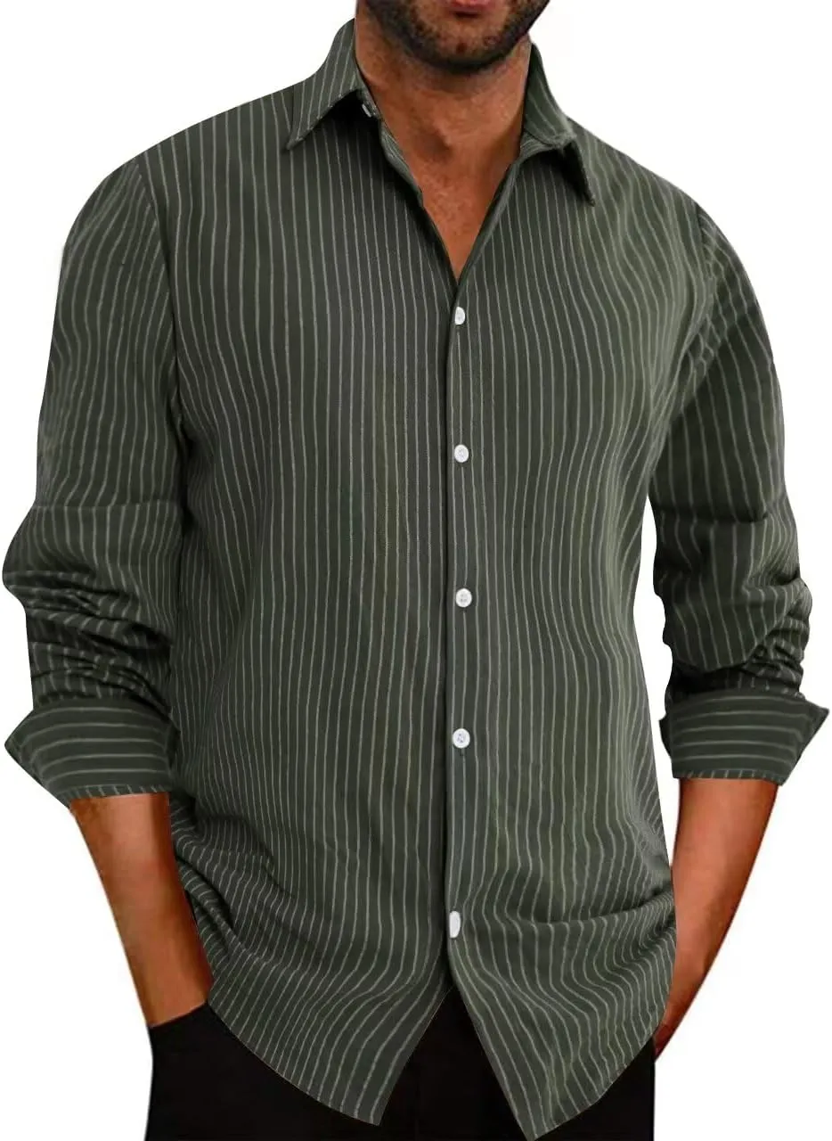 BAYAMO Men's Casual Button-Down Striped Shirts Long Sleeve Cotton Linen Shirts for Men Fashion Business Shirt