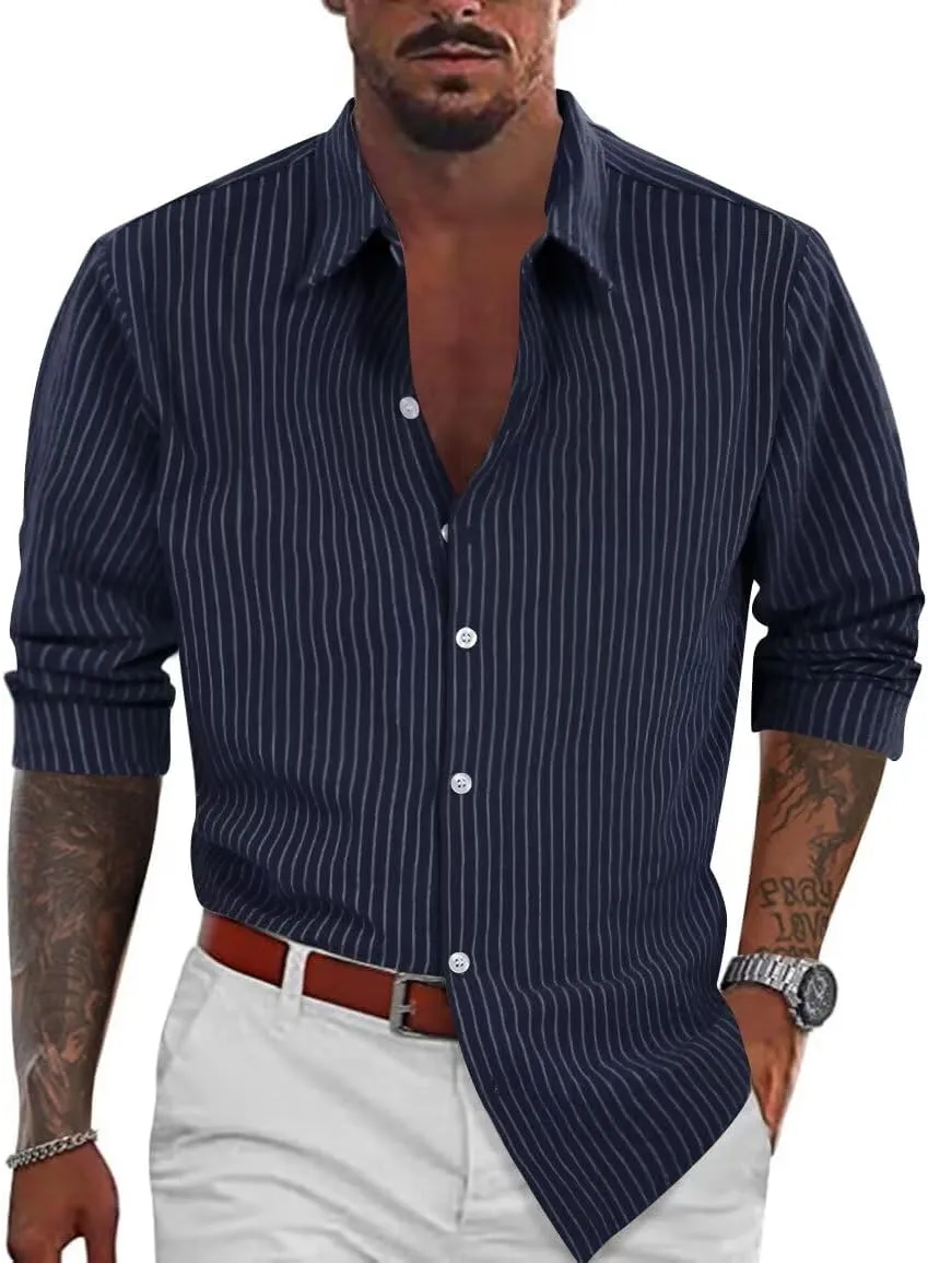 BAYAMO Men's Casual Button-Down Striped Shirts Long Sleeve Cotton Linen Shirts for Men Fashion Business Shirt