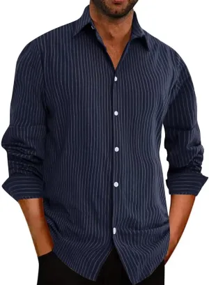 BAYAMO Men's Casual Button-Down Striped Shirts Long Sleeve Cotton Linen Shirts for Men Fashion Business Shirt