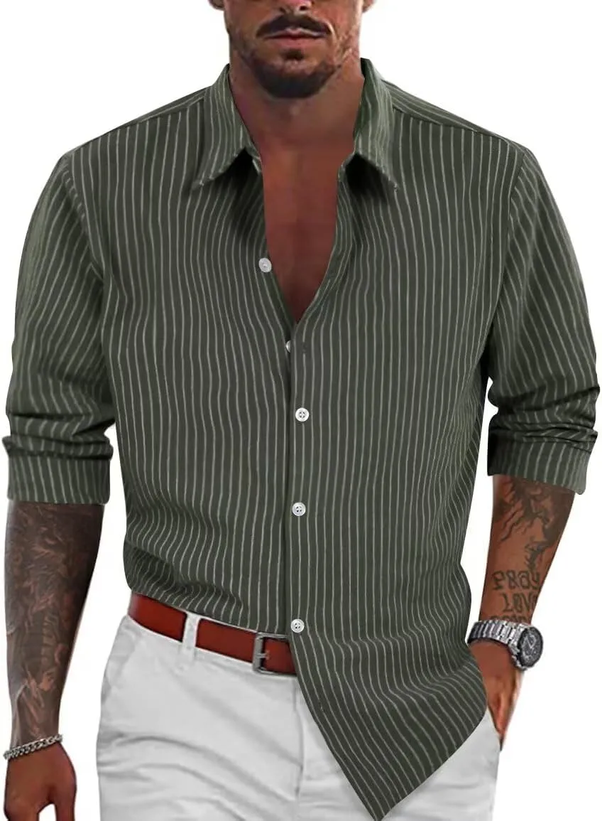 BAYAMO Men's Casual Button-Down Striped Shirts Long Sleeve Cotton Linen Shirts for Men Fashion Business Shirt