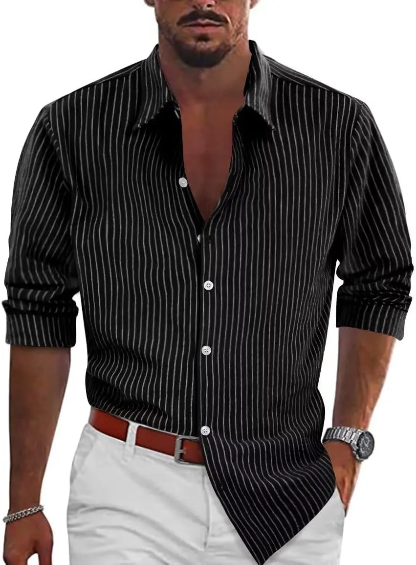 BAYAMO Men's Casual Button-Down Striped Shirts Long Sleeve Cotton Linen Shirts for Men Fashion Business Shirt