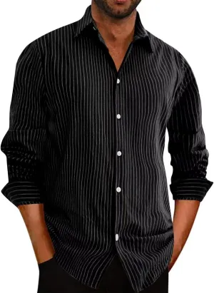 BAYAMO Men's Casual Button-Down Striped Shirts Long Sleeve Cotton Linen Shirts for Men Fashion Business Shirt