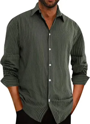 BAYAMO Men's Casual Button-Down Striped Shirts Long Sleeve Cotton Linen Shirts for Men Fashion Business Shirt