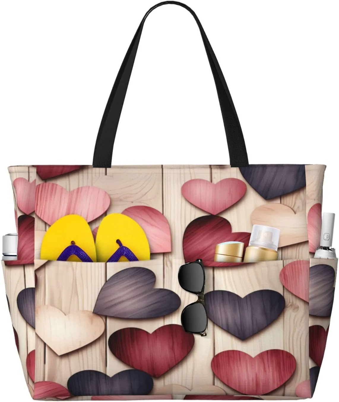 Beach Bag Retro Heart Wooden Texture Large Beach Tote Bag for Women Waterproof Sandproof Travel Beach Bags with Zipper Swim Gym Shopping Grocery Handbag