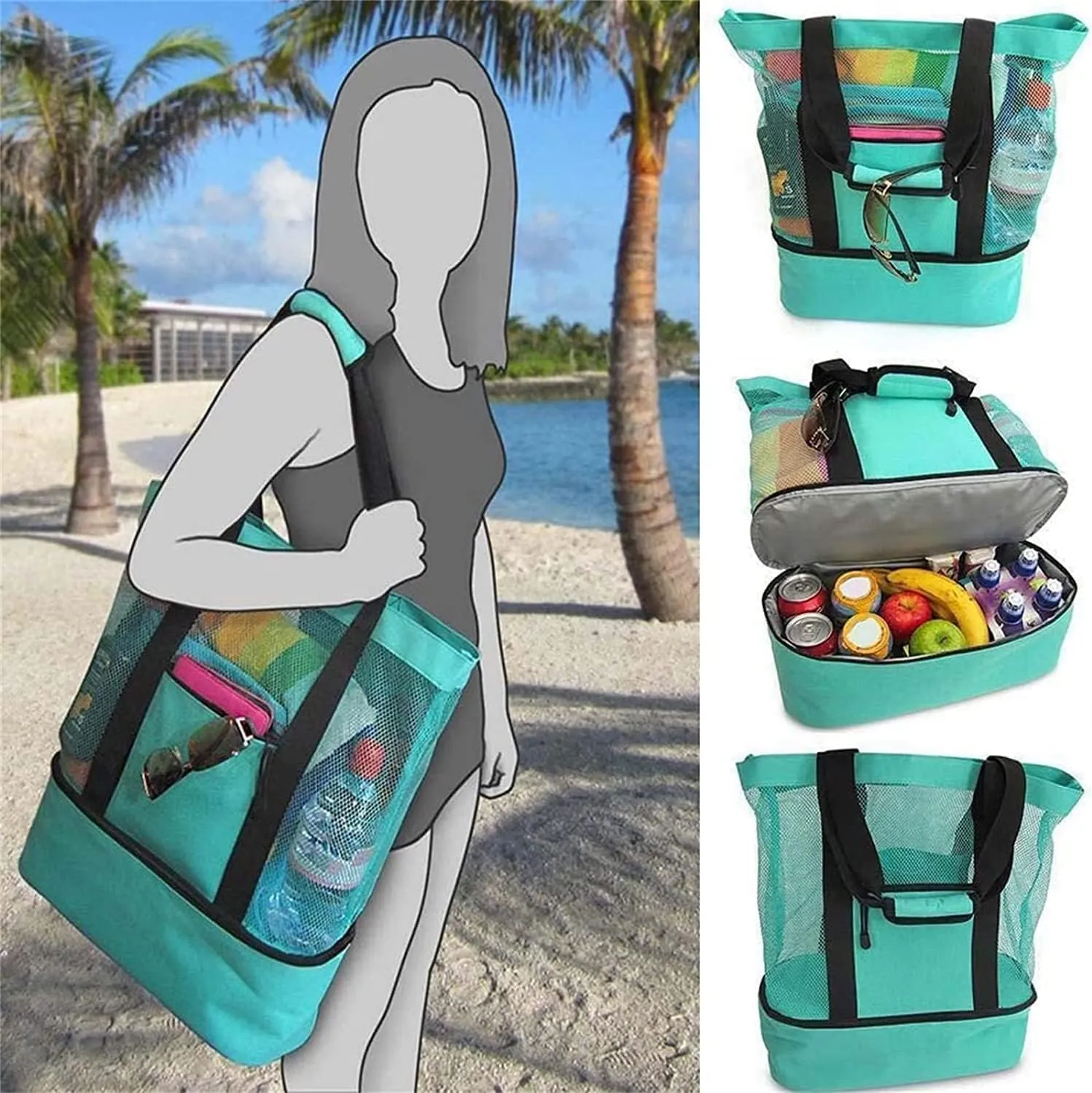 Beach Bag with Cooler, Mesh Beach Bag with Undetachable Insulated Cooler and Pocket for Towels, Insulated Large Cooler Beach Tote Bag for Family Beach Bag for Toys & Vacation Essentials