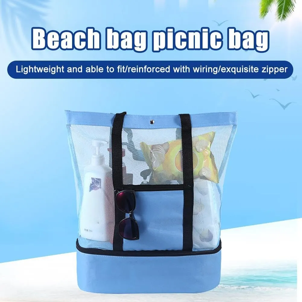 Beach Bag with Cooler, Mesh Beach Bag with Undetachable Insulated Cooler and Pocket for Towels, Insulated Large Cooler Beach Tote Bag for Family Beach Bag for Toys & Vacation Essentials