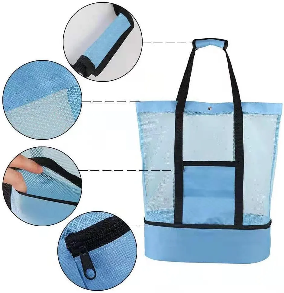 Beach Bag with Cooler, Mesh Beach Bag with Undetachable Insulated Cooler and Pocket for Towels, Insulated Large Cooler Beach Tote Bag for Family Beach Bag for Toys & Vacation Essentials