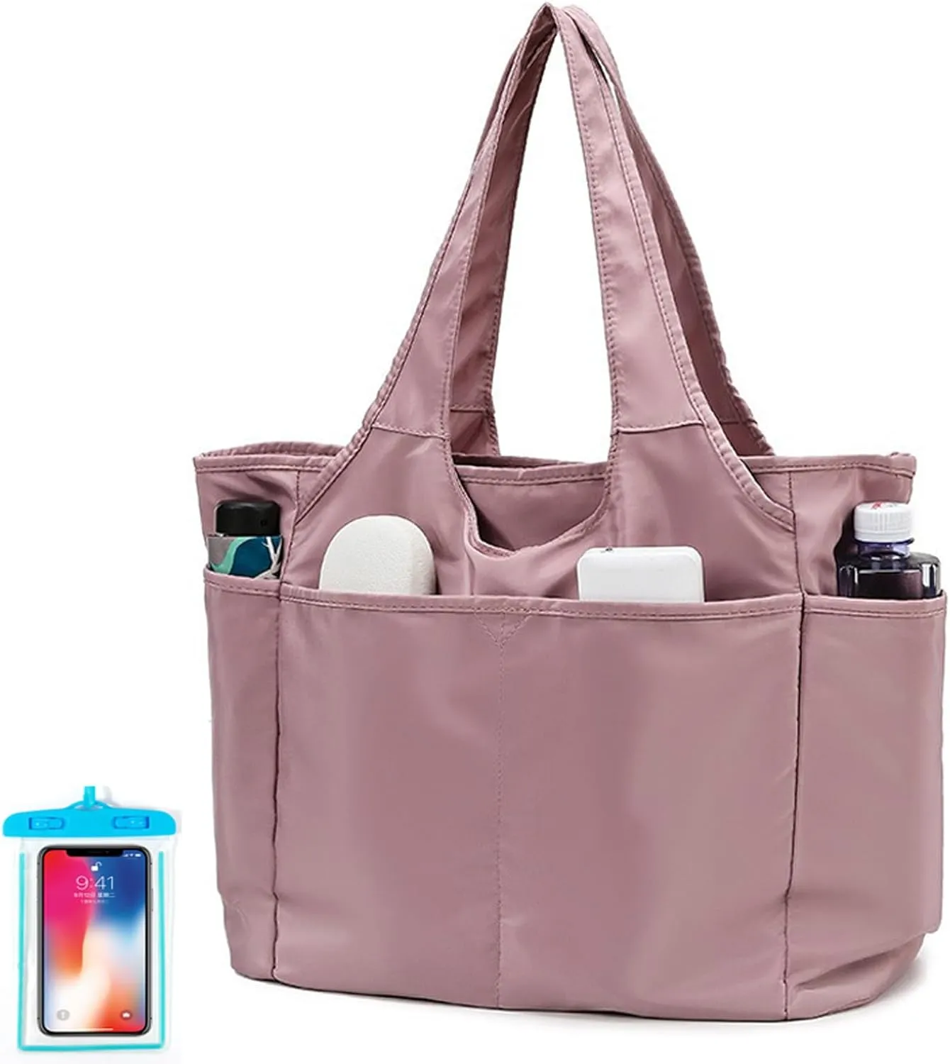 Beach Tote Bag, Waterproof Sandproof Beach Tote Bag with Phone Pouch, Large Capacity Foldable Beach Bags for Women,Gym Tote Carry On Bag for Beach Pool Trip