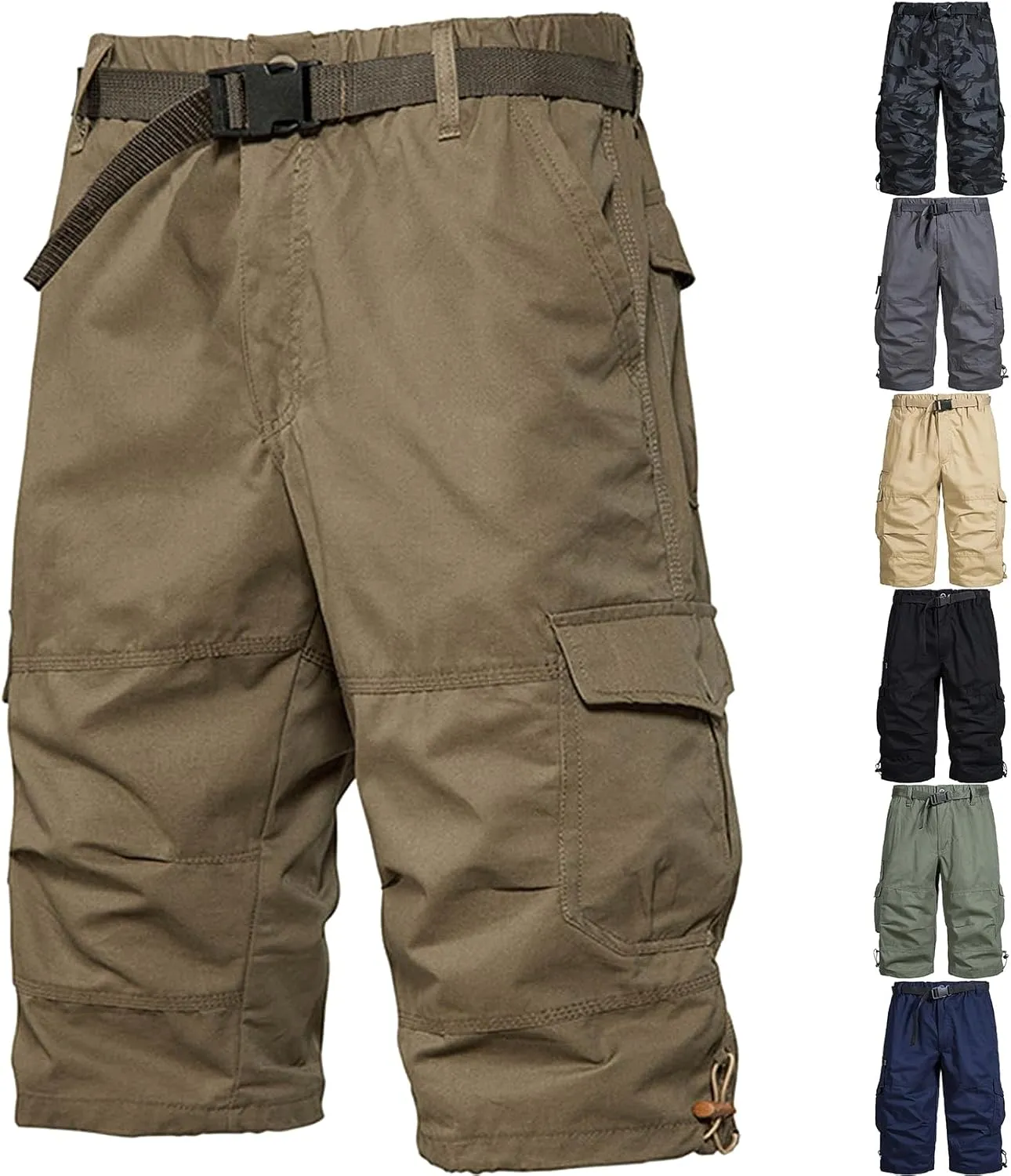 Below The Knee Shorts for Men Belted Classic Fit Multi Pockets Long Cargo Shorts for Men Casual Hiking Shorts