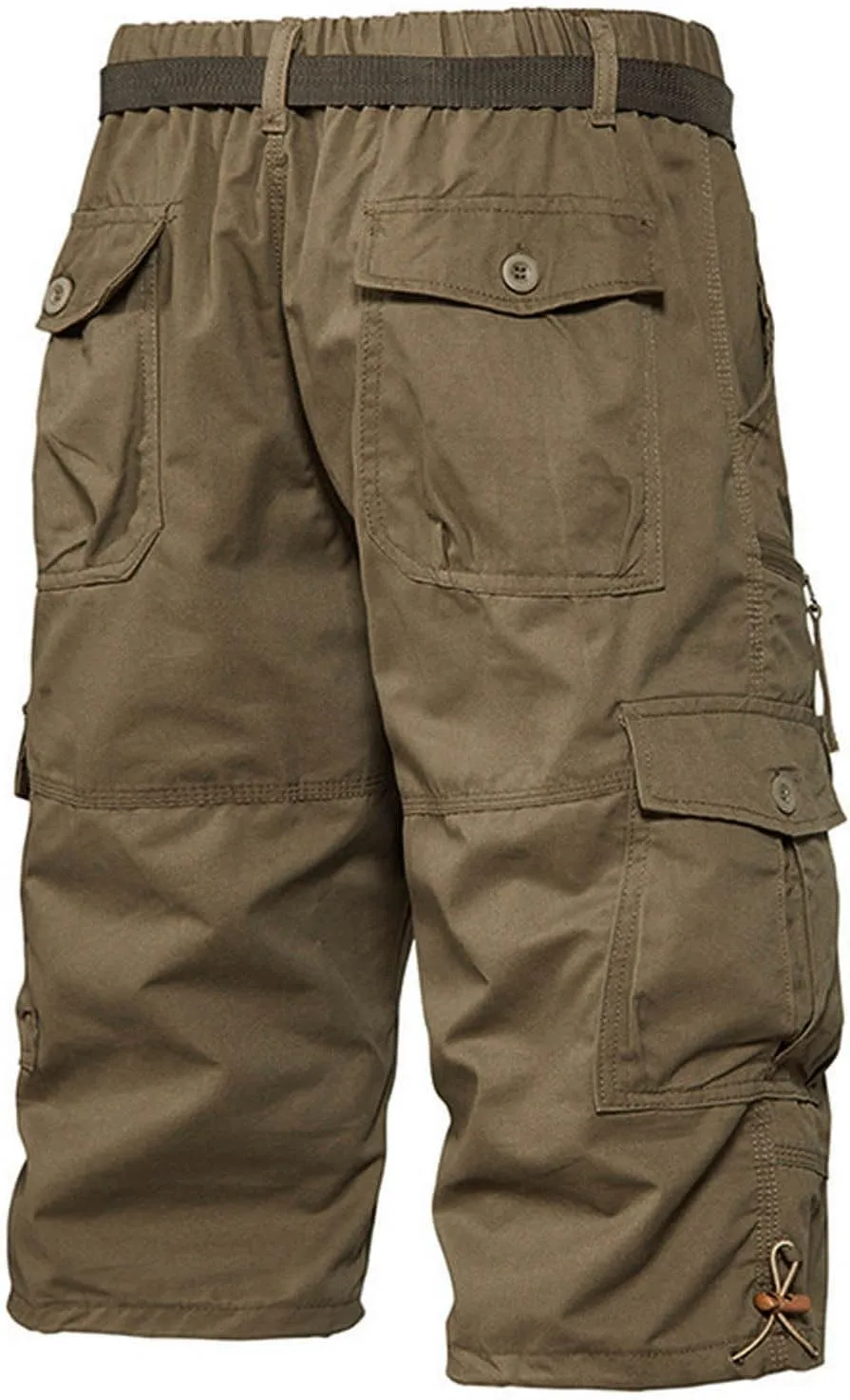 Below The Knee Shorts for Men Belted Classic Fit Multi Pockets Long Cargo Shorts for Men Casual Hiking Shorts