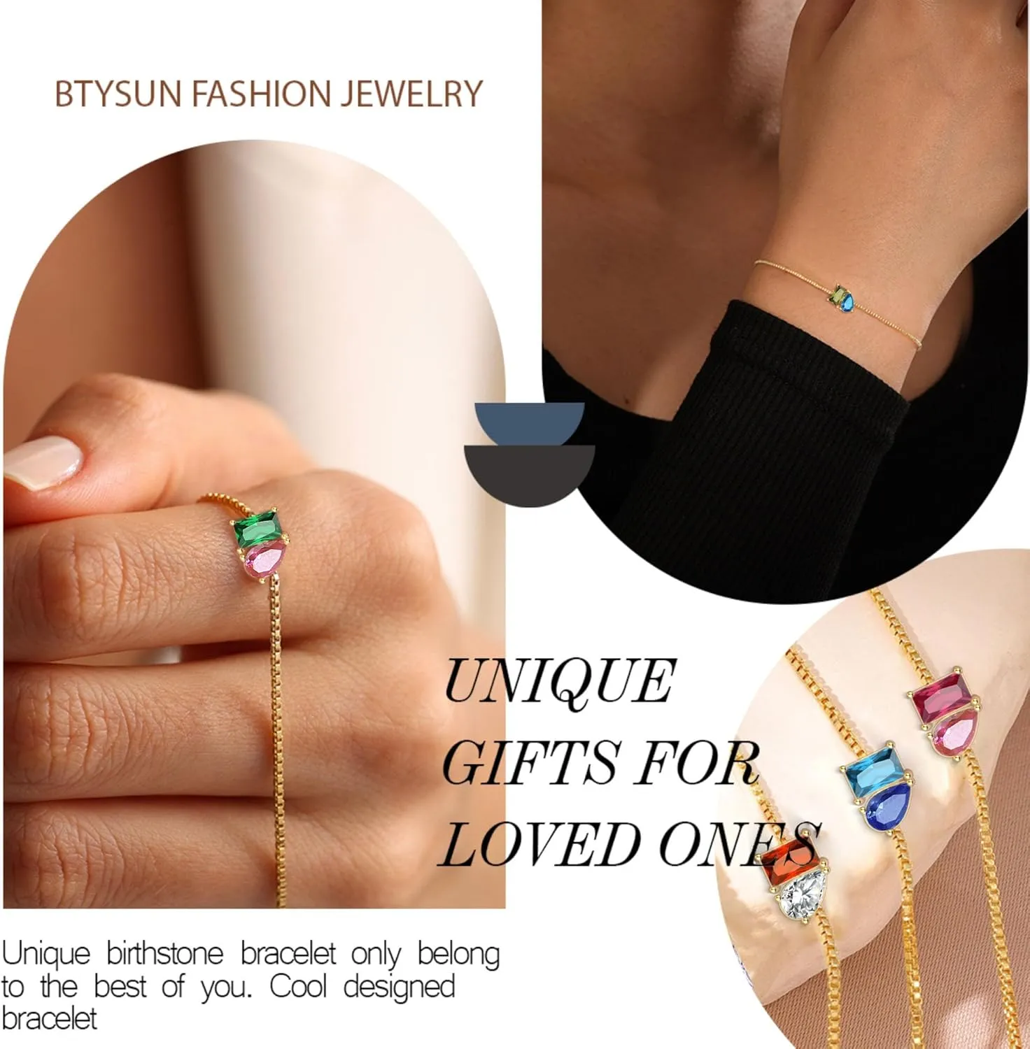 Birthstone Bracelets for Women, Dainty Gold Bracelet with Birthstone Birthday Gifts for Her Mothers Day Gifts Trendy Stuff 14k Plated Adjustable Link Bracelet Anniversary Christmas Jewelry