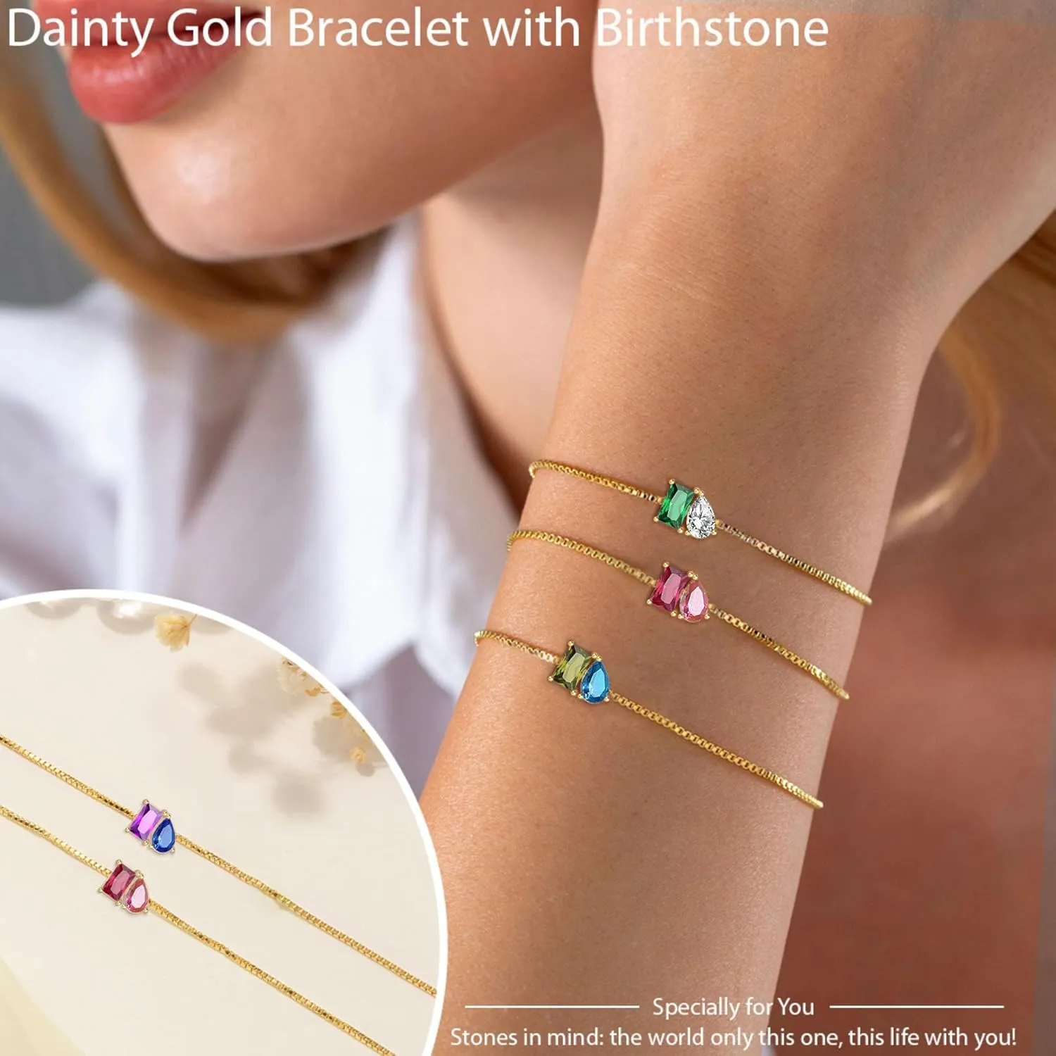 Birthstone Bracelets for Women, Dainty Gold Bracelet with Birthstone Birthday Gifts for Her Mothers Day Gifts Trendy Stuff 14k Plated Adjustable Link Bracelet Anniversary Christmas Jewelry
