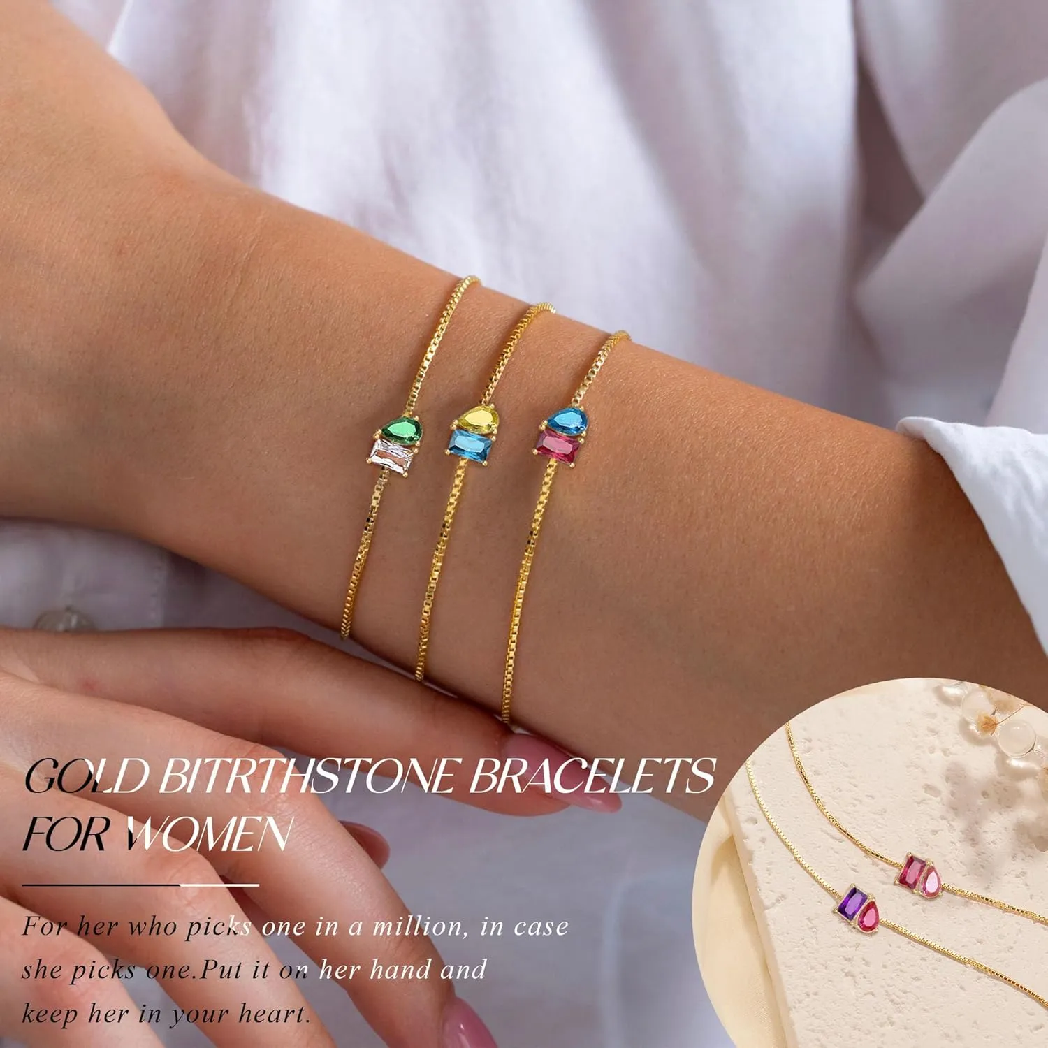 Birthstone Bracelets for Women, Dainty Gold Bracelet with Birthstone Birthday Gifts for Her Mothers Day Gifts Trendy Stuff 14k Plated Adjustable Link Bracelet Anniversary Christmas Jewelry