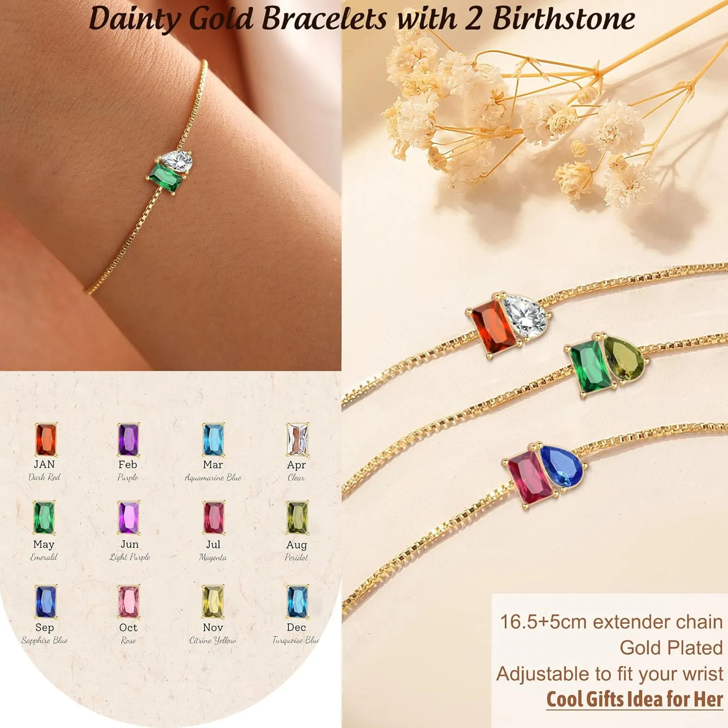 Birthstone Bracelets for Women, Dainty Gold Bracelet with Birthstone Birthday Gifts for Her Mothers Day Gifts Trendy Stuff 14k Plated Adjustable Link Bracelet Anniversary Christmas Jewelry