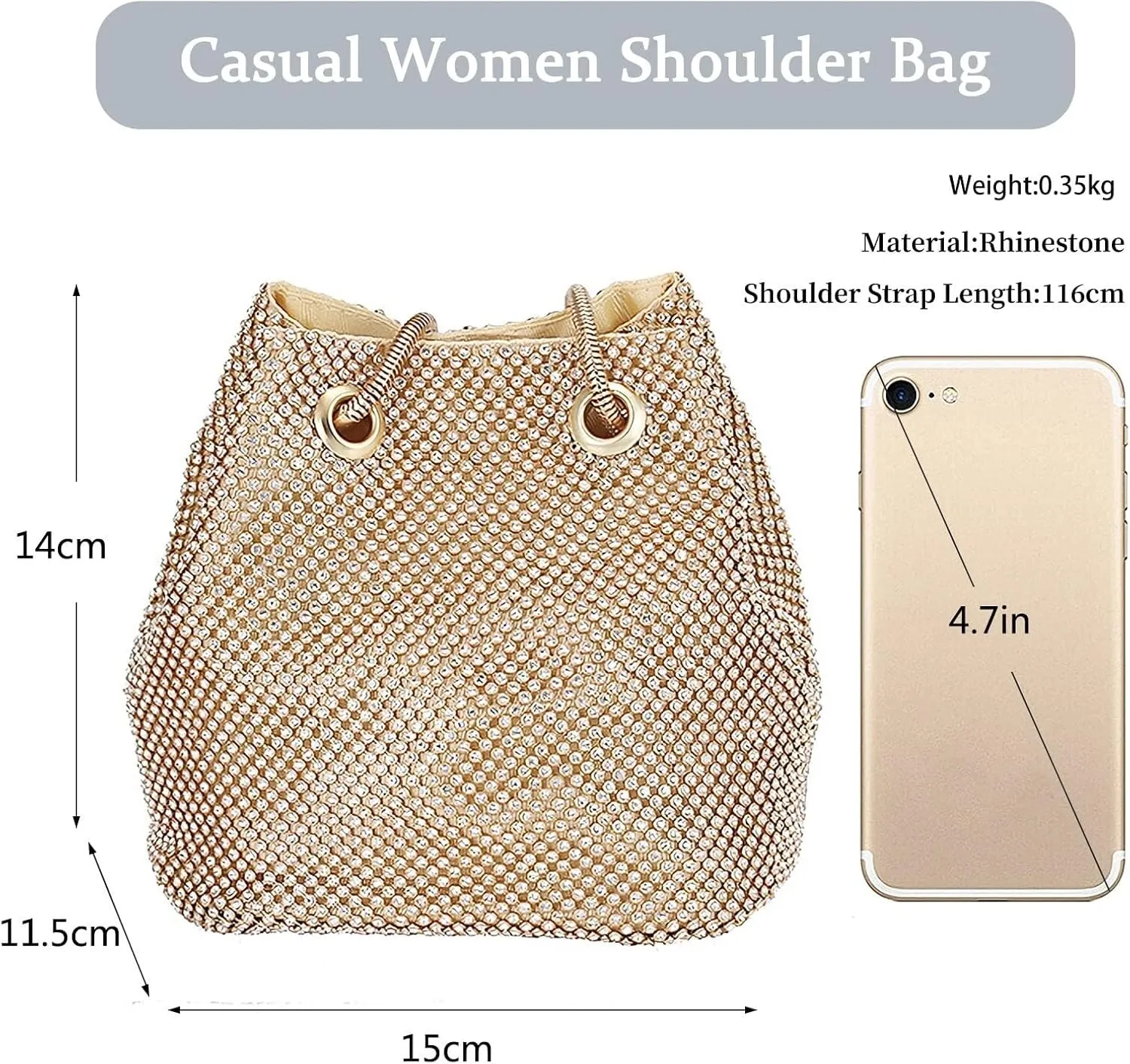 Bling Wedding Shoulder Crossbody Banquet Rhinestone Evening for Women Crystal Bucket Purse Handbag