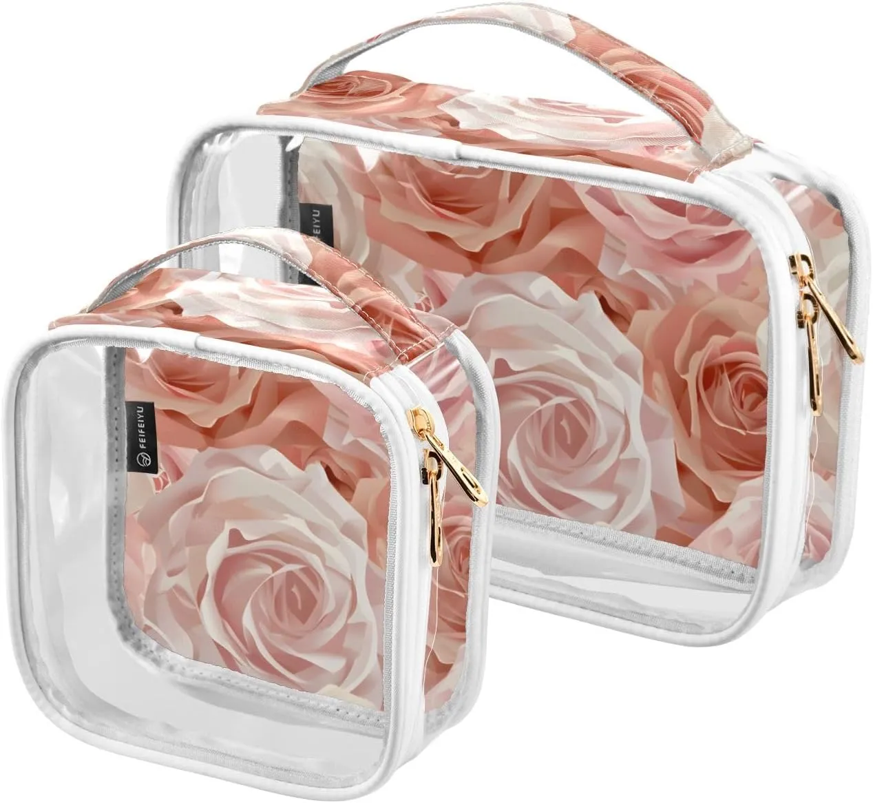 Bolaz 2 Pack Clear Cosmetic Bags with Handles-Pink Rose Print, PVC Toiletry Bags Zipper Waterproof Portable Travel Storage Pouch
