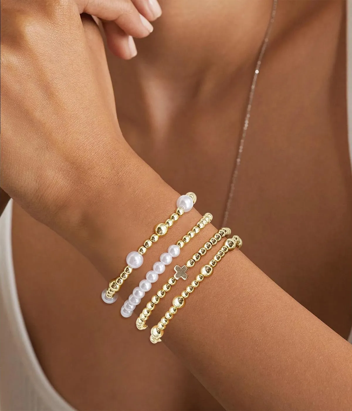 BOMAIL Gold Beaded Bracelets for Women Trendy Non Tarnish Gold Bracelet Stack 14K Gold Plated Pearl Bead Bracelets Cross Bracelets Set Stackable Stretch Beads Bracelet