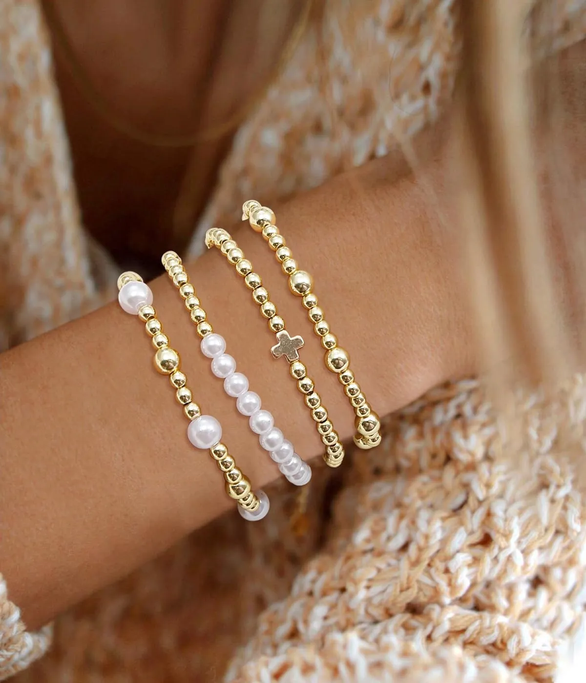 BOMAIL Gold Beaded Bracelets for Women Trendy Non Tarnish Gold Bracelet Stack 14K Gold Plated Pearl Bead Bracelets Cross Bracelets Set Stackable Stretch Beads Bracelet
