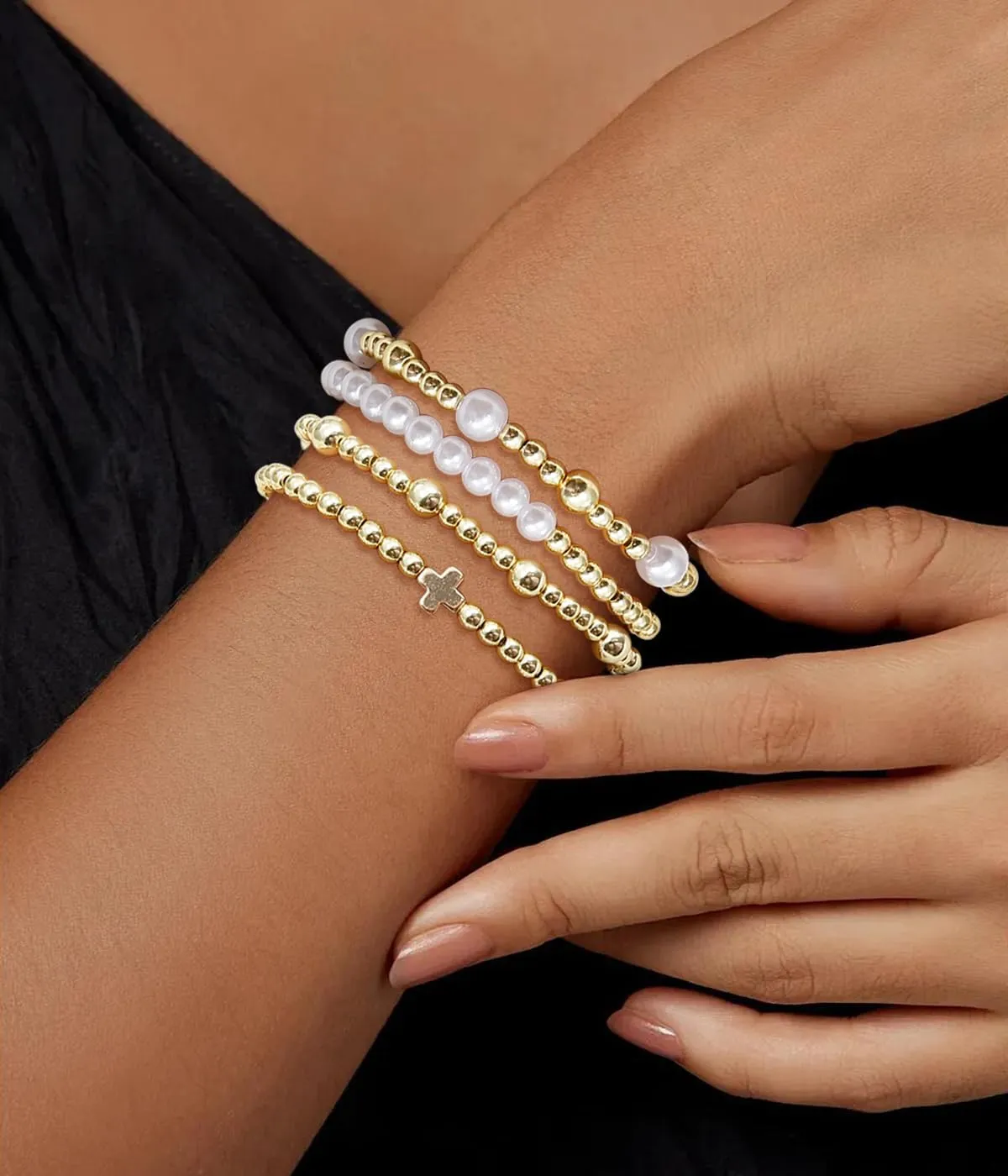 BOMAIL Gold Beaded Bracelets for Women Trendy Non Tarnish Gold Bracelet Stack 14K Gold Plated Pearl Bead Bracelets Cross Bracelets Set Stackable Stretch Beads Bracelet