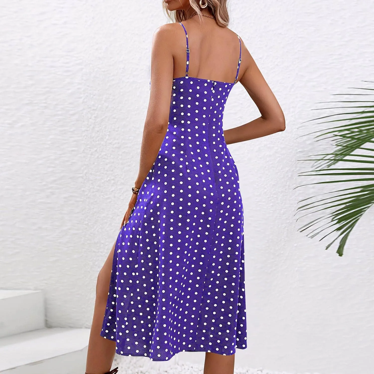 Borniu Spaghetti Strap Dresses for Women Polka Dot Midi Dress Sleeveless Slit Summer Sundress Beach Vacation Sexy Outfits