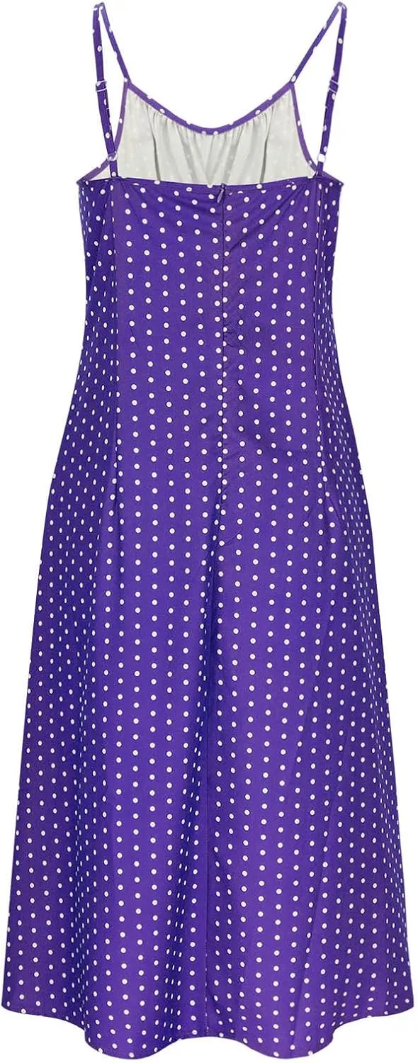 Borniu Spaghetti Strap Dresses for Women Polka Dot Midi Dress Sleeveless Slit Summer Sundress Beach Vacation Sexy Outfits
