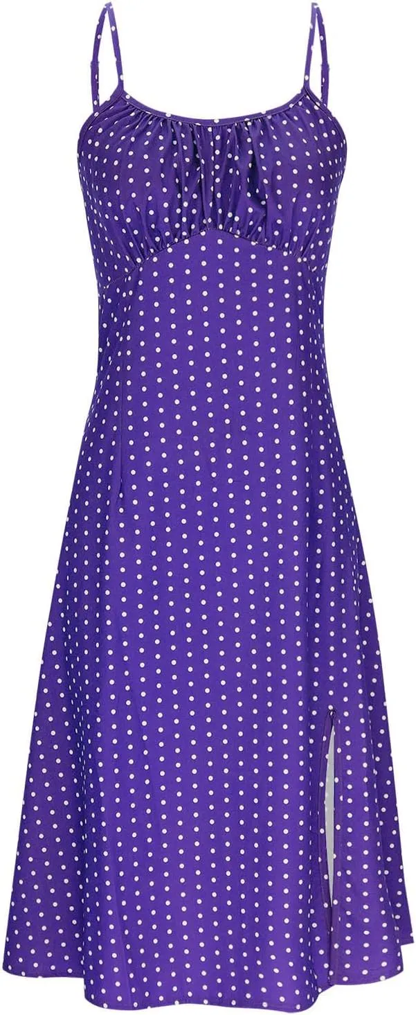 Borniu Spaghetti Strap Dresses for Women Polka Dot Midi Dress Sleeveless Slit Summer Sundress Beach Vacation Sexy Outfits