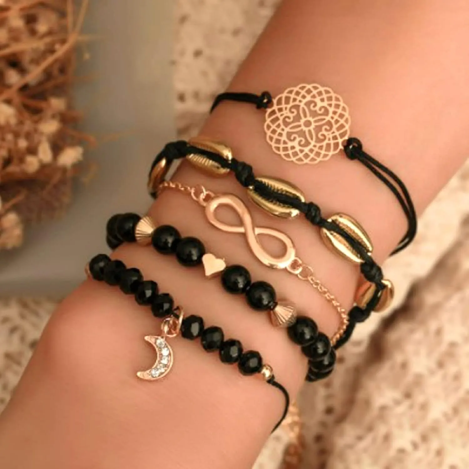 Bracelets for Women Dainty Gold Chain Bracelets Set for Women Girls 14K Gold Plated Bracelet Stackable Adjustable Paperclip Chain Bracelets Trendy Layered Link Bracelets Layered Beaded Bracelet (A)
