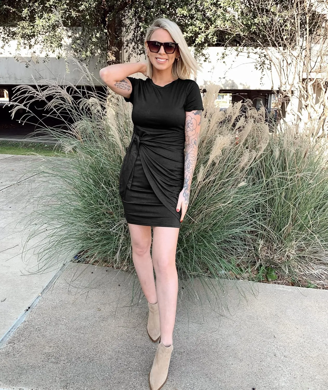 BTFBM Women 2025 Spring Casual Short Sleeve Ruched Bodycon Tank T Shirt Dress Tie Waist Sun Beach Summer Mini Dresses