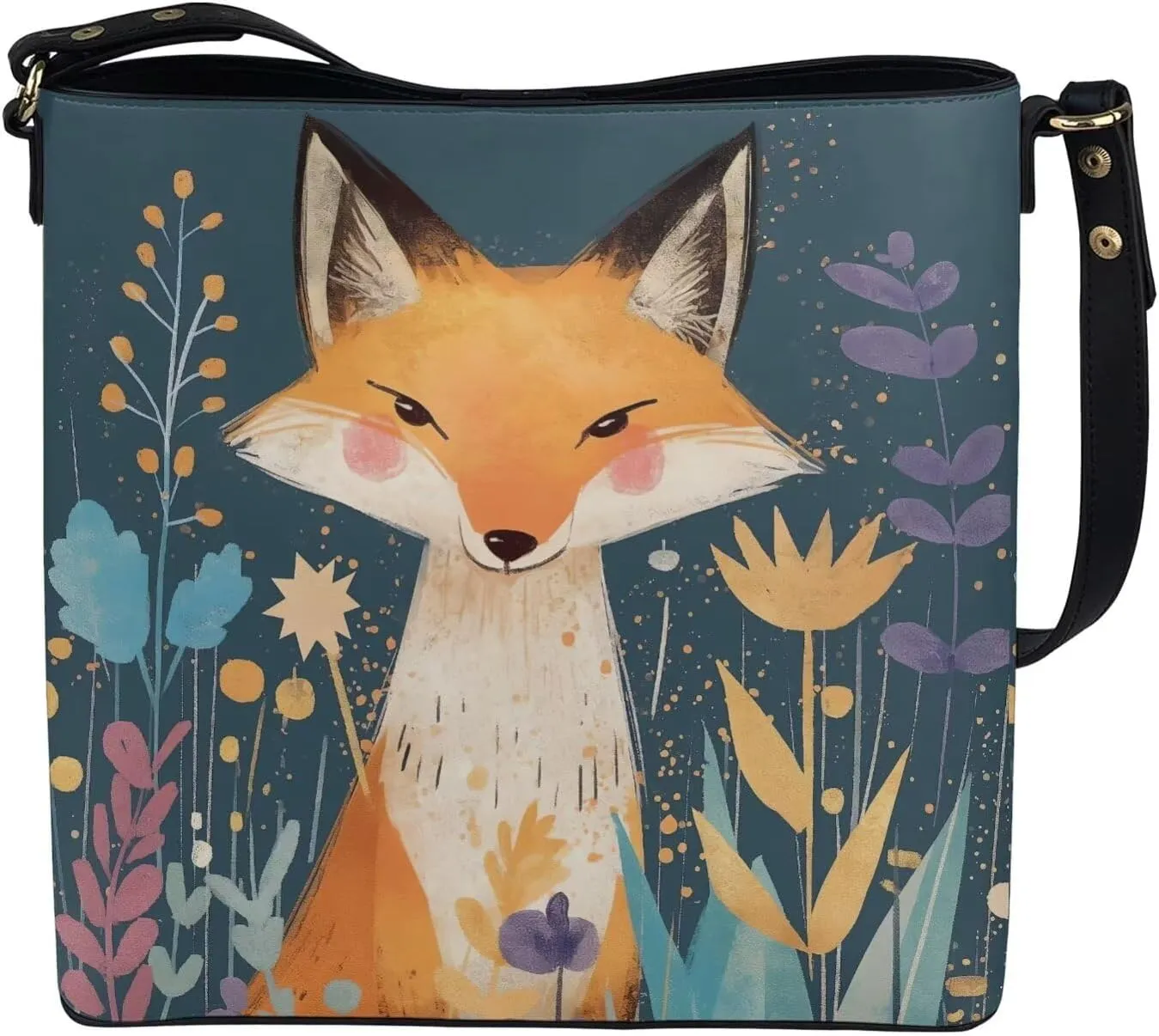 Bucket Bag Vegan Leather Shoulder Purses for Women, Fox Print Tote Shoulder Bags Zipper Crossbody Bag