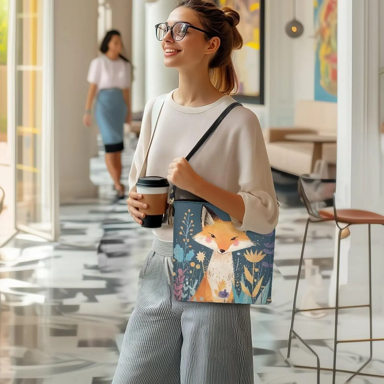 Bucket Bag Vegan Leather Shoulder Purses for Women, Fox Print Tote Shoulder Bags Zipper Crossbody Bag