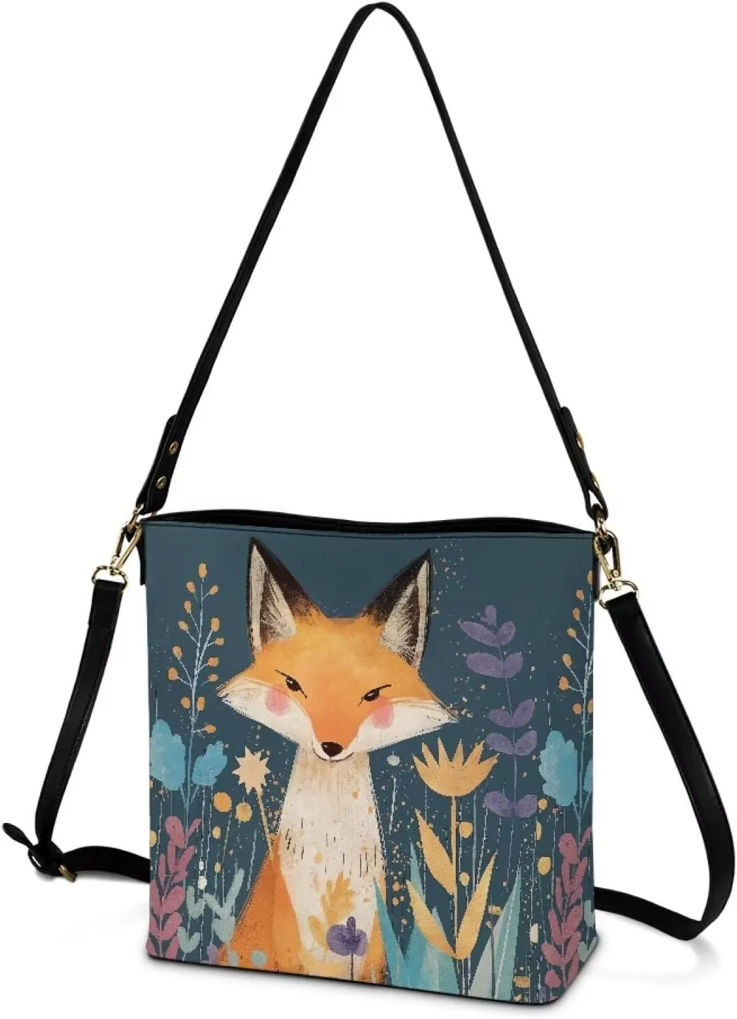 Bucket Bag Vegan Leather Shoulder Purses for Women, Fox Print Tote Shoulder Bags Zipper Crossbody Bag