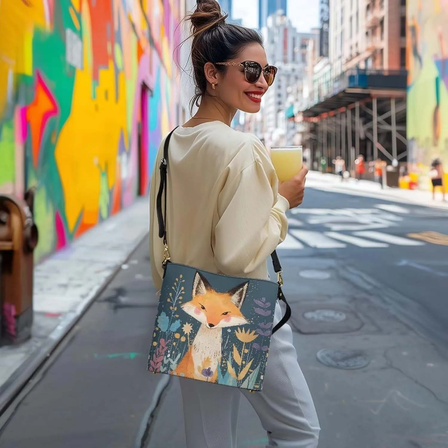 Bucket Bag Vegan Leather Shoulder Purses for Women, Fox Print Tote Shoulder Bags Zipper Crossbody Bag
