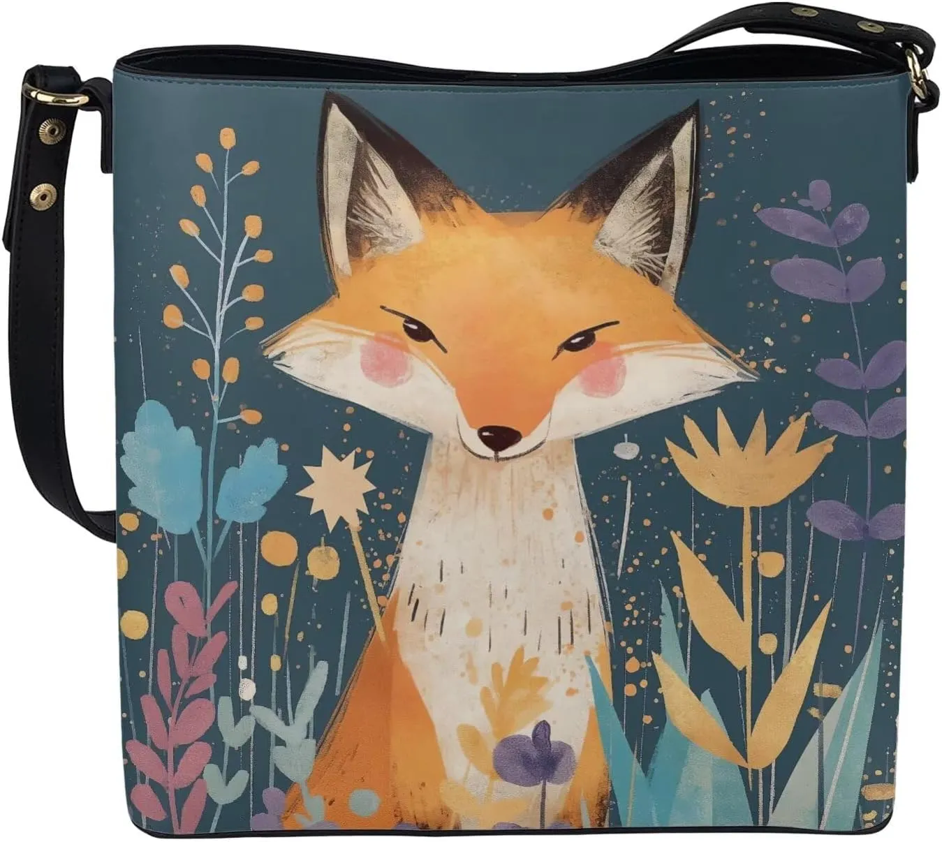 Bucket Bag Vegan Leather Shoulder Purses for Women, Fox Print Tote Shoulder Bags Zipper Crossbody Bag