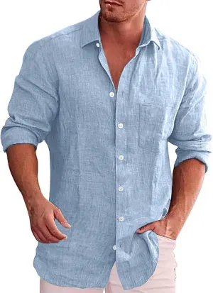 Button Down Linen Shirts for Men Casual Long Sleeve Regular Fit Cotton Beach Tops with Pocket Summer Vacation Shirt