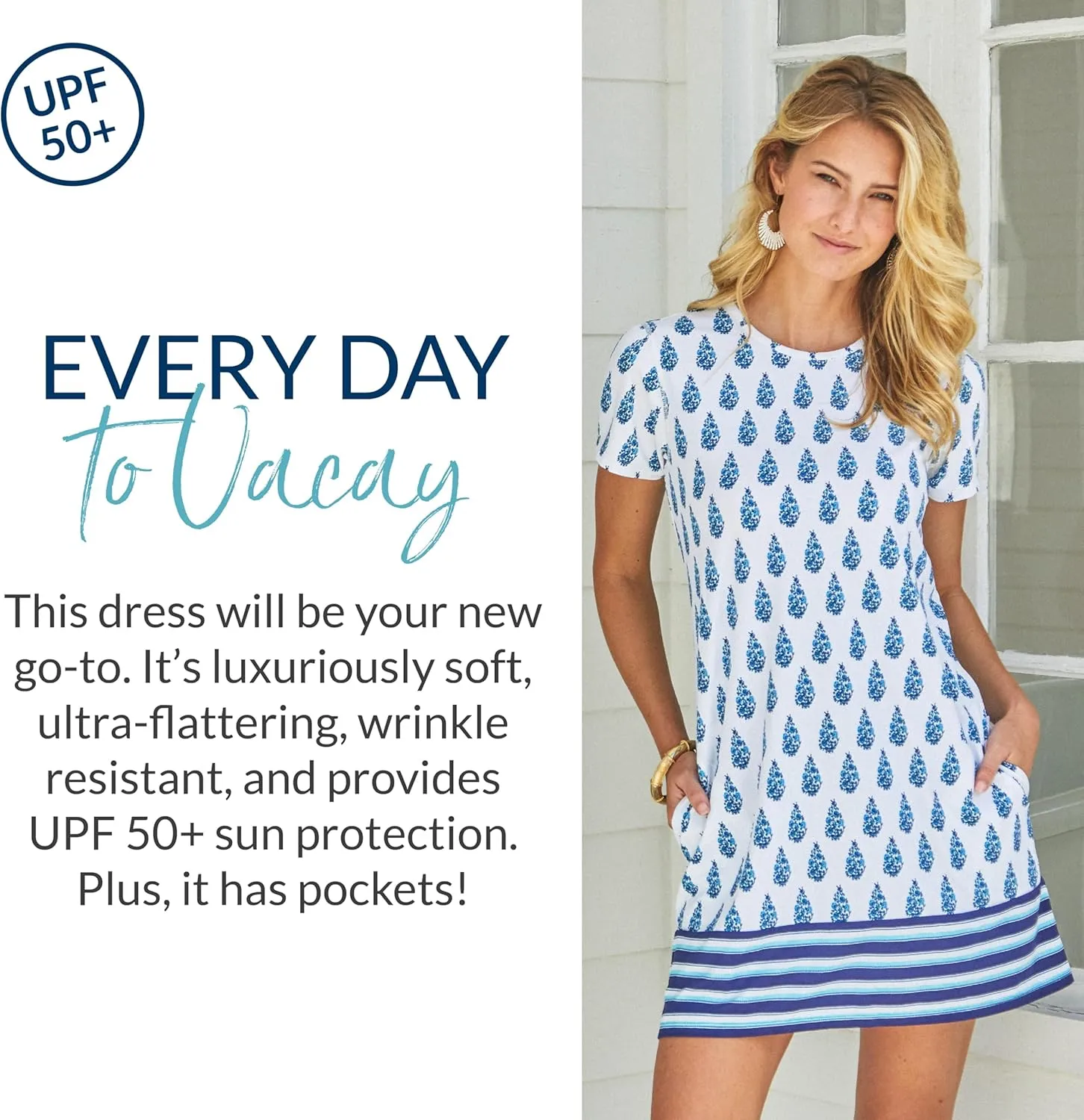 Cabana Life Women's Short Sleeve Shift Dress, UPF 50 , Sun Protective Cover-Up, Nylon/Spandex