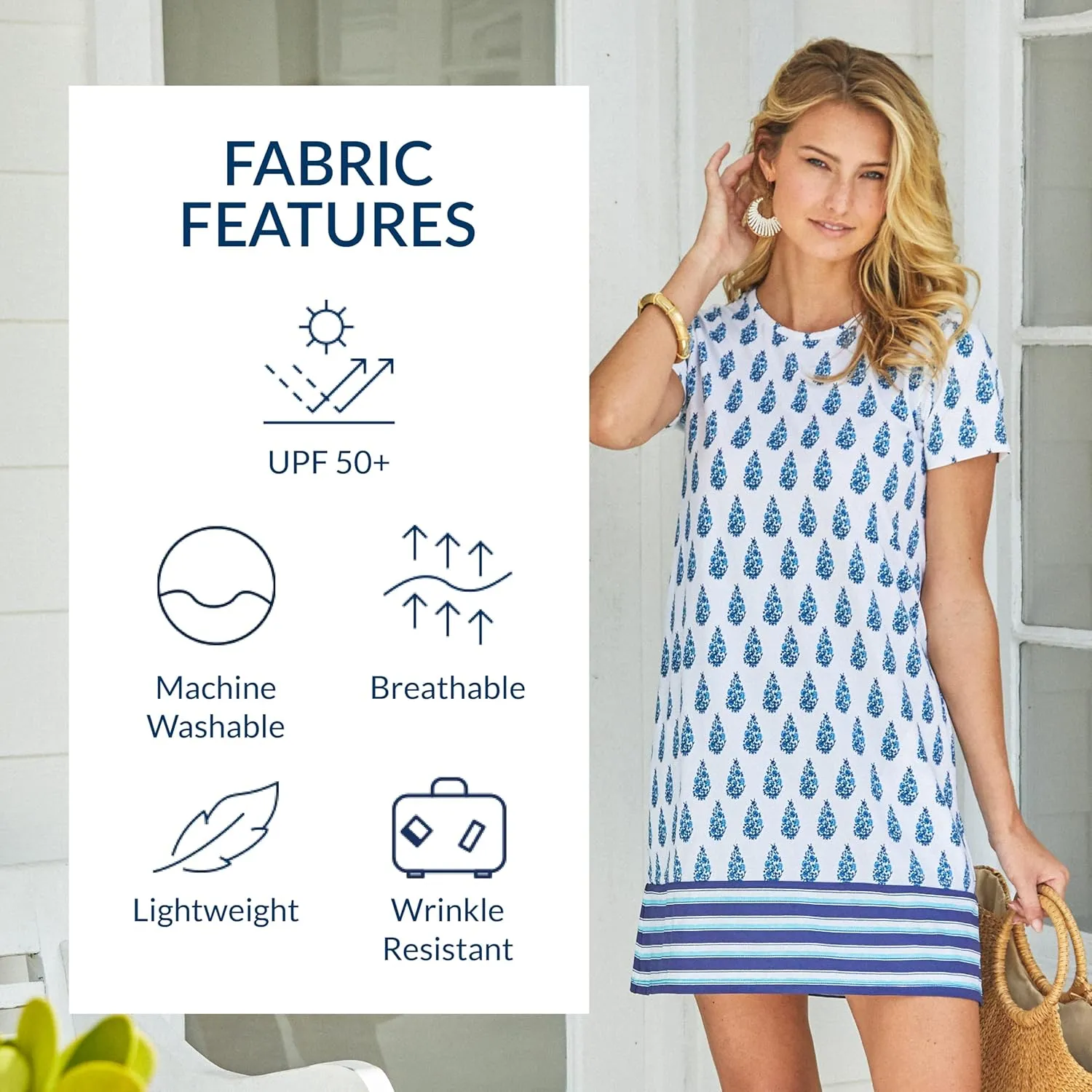Cabana Life Women's Short Sleeve Shift Dress, UPF 50 , Sun Protective Cover-Up, Nylon/Spandex