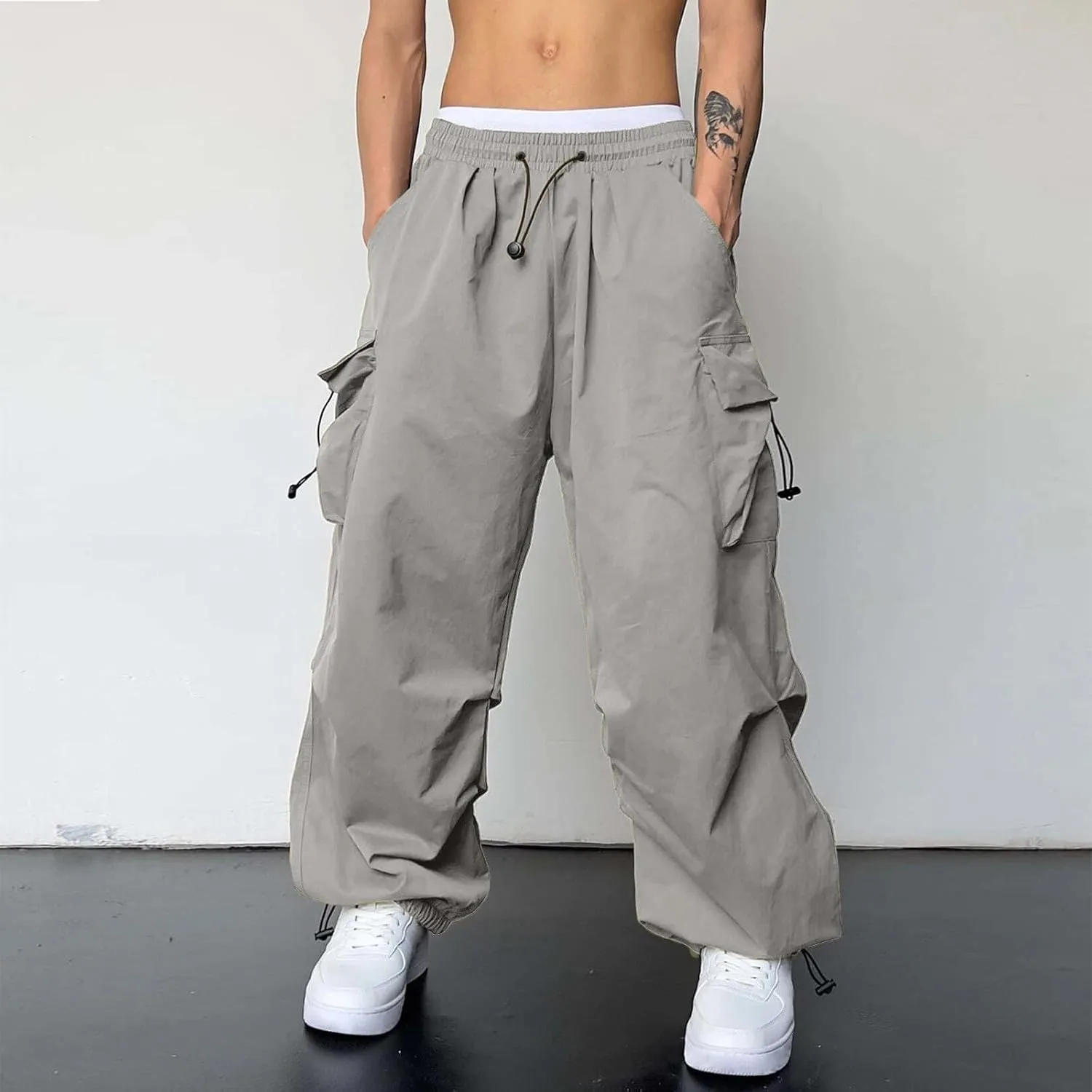 Cargo Pant for Men Elastic Waist Drawstring Men Work Pant with Pockets Casual Wide Leg Cargo Joggers