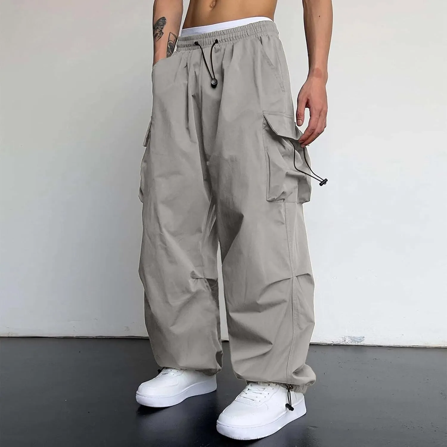Cargo Pant for Men Elastic Waist Drawstring Men Work Pant with Pockets Casual Wide Leg Cargo Joggers