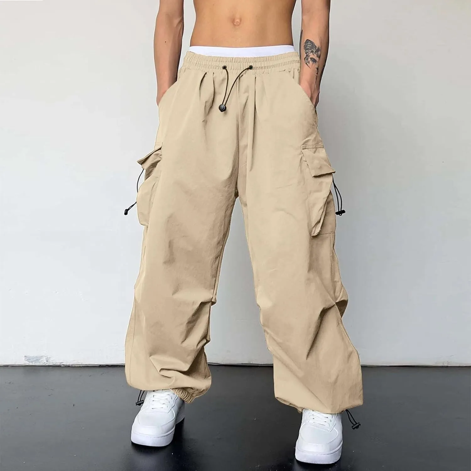 Cargo Pant for Men Elastic Waist Drawstring Men Work Pant with Pockets Casual Wide Leg Cargo Joggers
