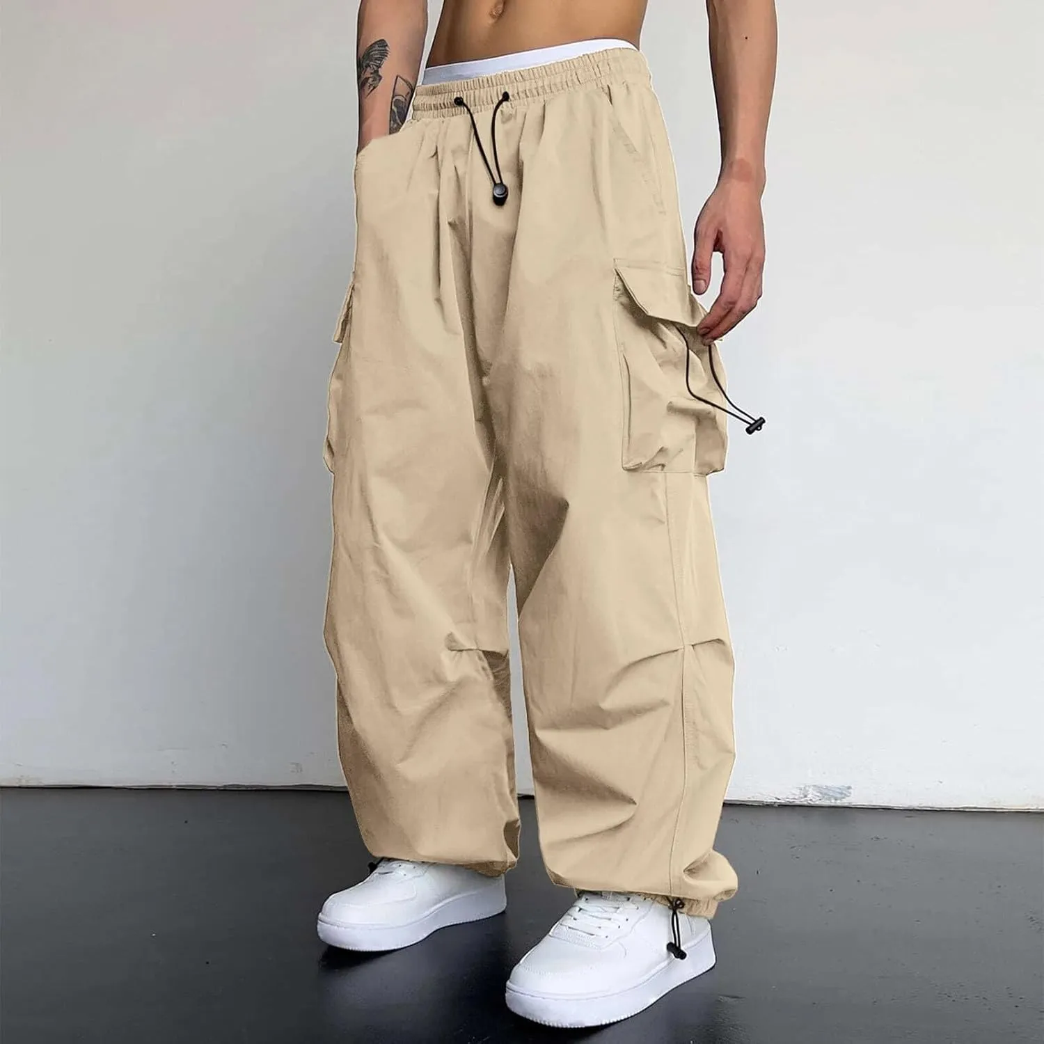 Cargo Pant for Men Elastic Waist Drawstring Men Work Pant with Pockets Casual Wide Leg Cargo Joggers