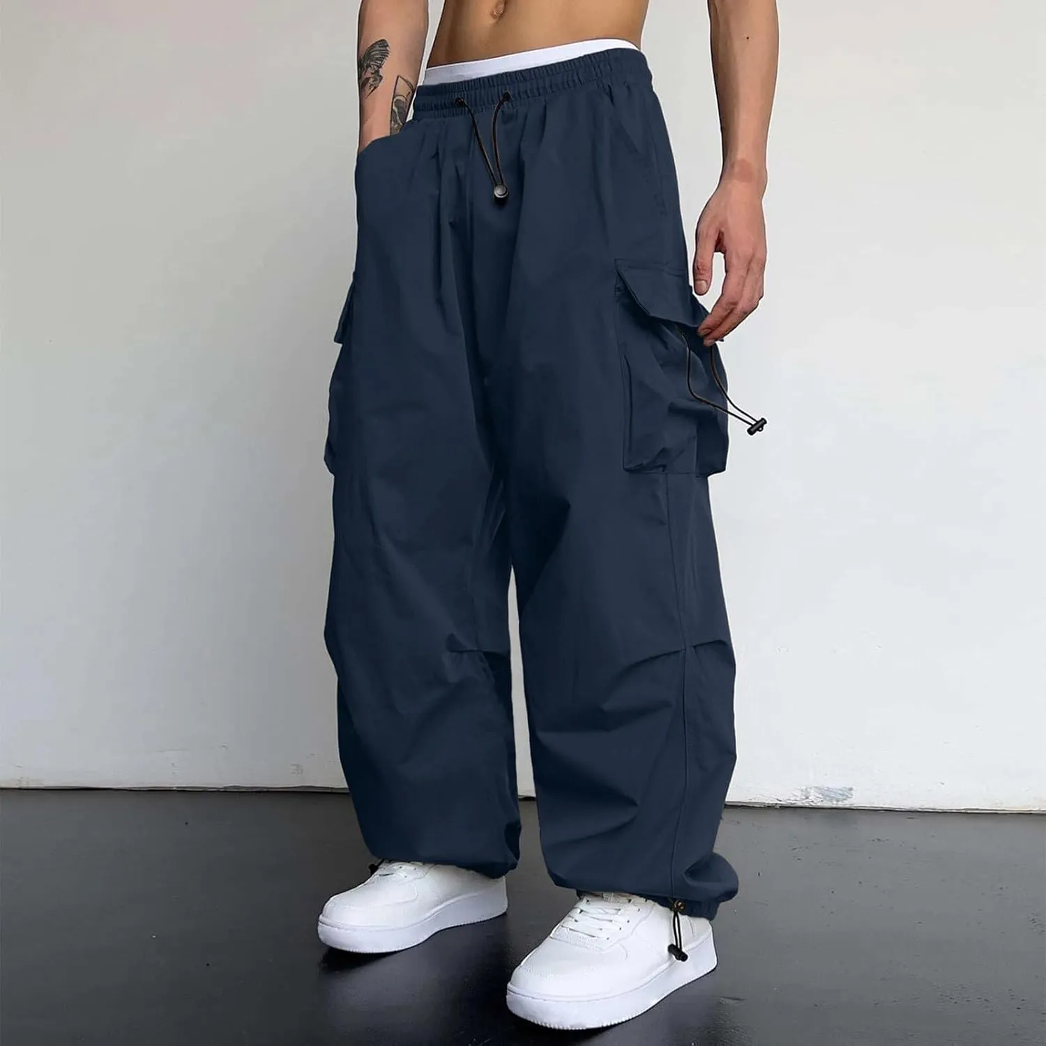Cargo Pant for Men Elastic Waist Drawstring Men Work Pant with Pockets Casual Wide Leg Cargo Joggers