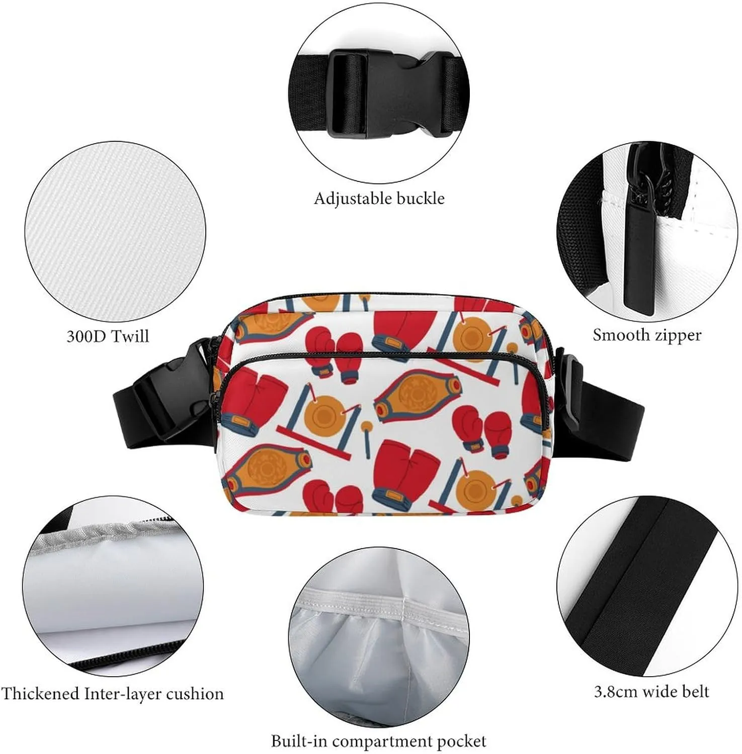 Cartoon Boxing Gloves Belt Bag Fanny Pack for Women Men Sport Crossbody Waist Bag Pack Adjustable Casual Bag for Travel Running Workout Cycling