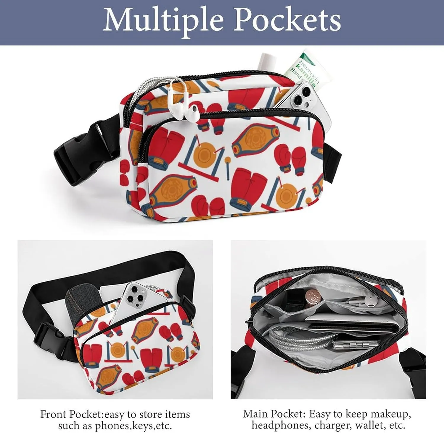 Cartoon Boxing Gloves Belt Bag Fanny Pack for Women Men Sport Crossbody Waist Bag Pack Adjustable Casual Bag for Travel Running Workout Cycling