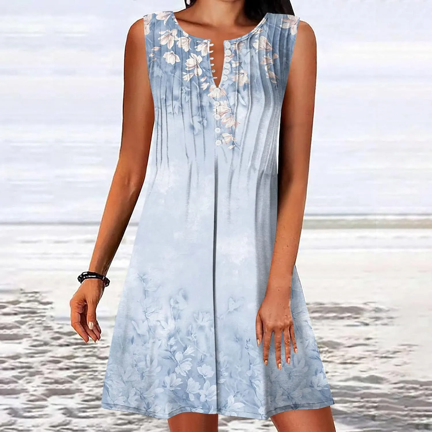 Ceboyel Womens 2023 Floral Tunic Dress Button Short Dresses Sleeveless Pleated Summer Causal Dress Cute Trendy Boho Clothes