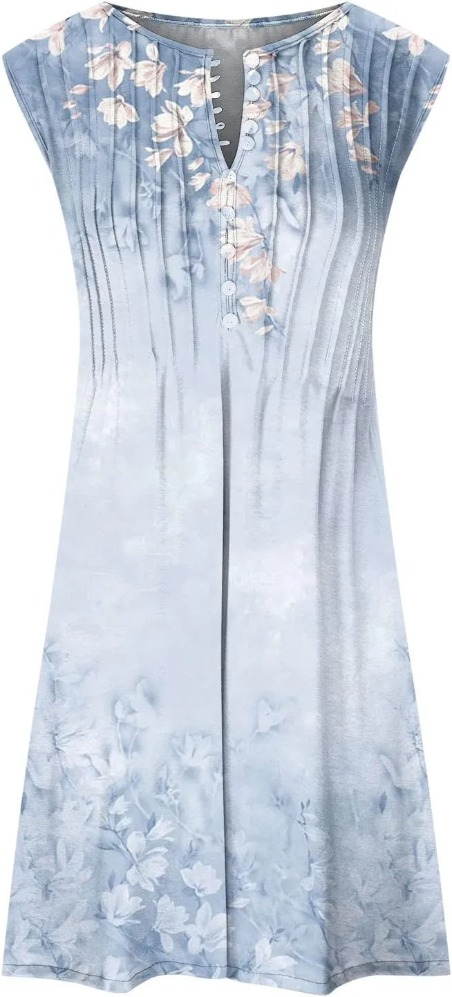 Ceboyel Womens 2023 Floral Tunic Dress Button Short Dresses Sleeveless Pleated Summer Causal Dress Cute Trendy Boho Clothes