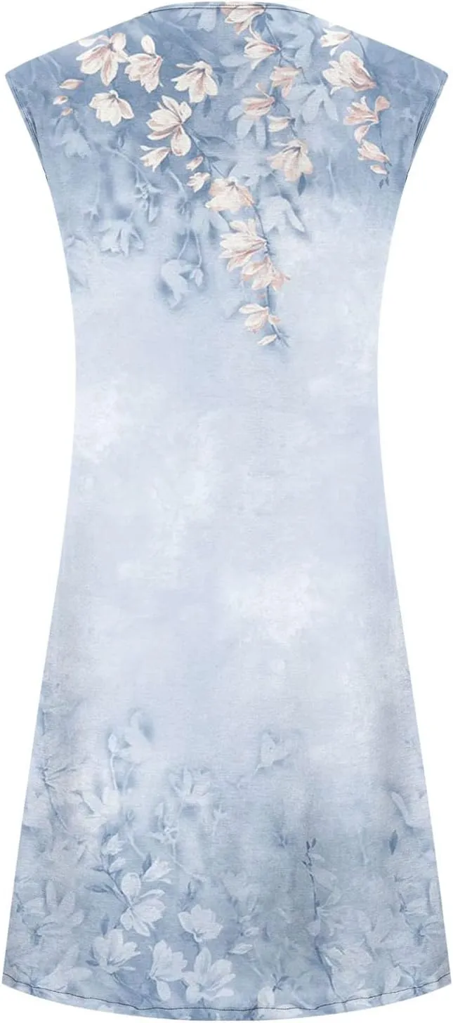 Ceboyel Womens 2023 Floral Tunic Dress Button Short Dresses Sleeveless Pleated Summer Causal Dress Cute Trendy Boho Clothes